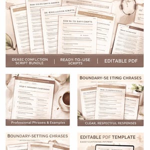 May include: An image showcasing "Calm Response Scripts," de-escalation templates for customer service. The image displays several documents with headings such as "De-escalation Scripts" and "Boundary-Setting Phrases." The text includes "Ready-to-use scripts" and "Editable PDF Template."