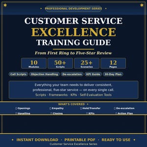 May include: A navy blue training guide titled "Customer Service Excellence" with gold lettering. The guide includes 10 modules, 50+ scripts, 25+ scenarios, and 12 pages. It covers topics like call scripts, objection handling, and de-escalation.