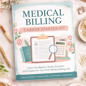 Peut inclure: Un livre "Medical Billing Career Starter Kit" avec le titre "MEDICAL BILLING" en grandes lettres en gras. Le livre comprend une illustration de presse-papiers, de calculatrice et de loupe. Le texte indique "Learn the Basics, Study Smarter, and Prepare for Your First Medical Billing Job."