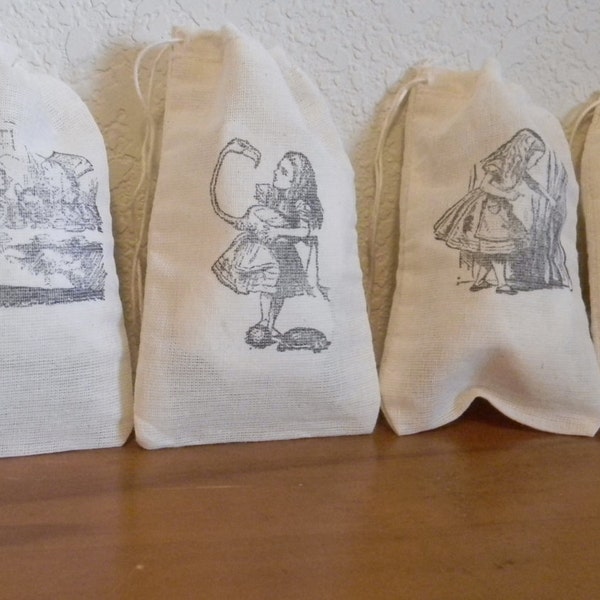 Set of 20 Hand stamped Alice In Wonderland Party Favor Muslin Bags 100% organic made in america