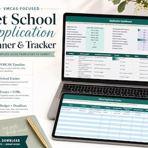 Könnte beinhalten: Ein digitaler Planer und Tracker für Bewerbungen an der Veterinärmedizin. Der Titel lautet "Vet School Application Planner & Tracker". Ein Laptop und ein Tablet zeigen Anwendungsinformationen an. Ein Notizbuch und ein Stift liegen auf dem Schreibtisch.
