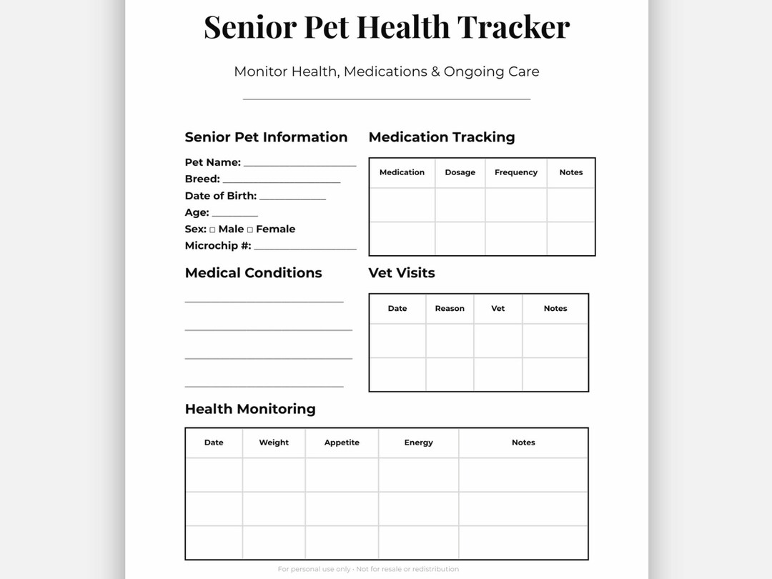 Senior Pet Health Tracker Printable | Dog Cat Medical Log | Medication ...