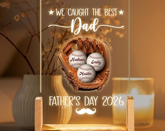 Lámpara LED personalizada "Hemos atrapado al mejor papá", regalo personalizado para el Día del Padre, regalo de cumpleaños con guante de béisbol para papá, luz para él.