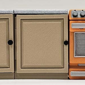 May include: A miniature kitchen set featuring a tan cabinet with black knobs and a gray countertop. An orange oven with a digital clock displaying 12:30 PM is on the right. The set is designed for play.