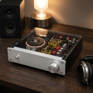May include: A stereo amplifier with a brushed silver front panel, two silver control knobs, and a transparent top cover revealing internal electronic components, including a large black toroidal transformer and yellow capacitors.