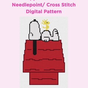 May include: Digital cross-stitch pattern showing Snoopy and Woodstock on a red doghouse. The image is a pixelated design with the text "Snoopy & Woodstock Needlepoint/ Cross Stitch Digital Pattern" in pink.
