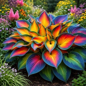 May include: A colourful hosta plant with large, heart-shaped leaves. The leaves show a gradient of colours, including blue, green, yellow, orange, and red. The plant is surrounded by other colourful flowers in a garden.