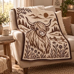 Puede incluir: Una manta de ganchillo de color crema con un gráfico de vaca highland en marrón oscuro. El diseño incluye un paisaje con árboles, montañas, un sol, una valla de madera y flores silvestres. La manta tiene un borde de color marrón oscuro.