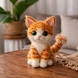 May include: A handmade orange and white crocheted cat figurine with large green eyes and a pink nose. The cat has a striped pattern and a fluffy tail. It is sitting on a wooden surface.