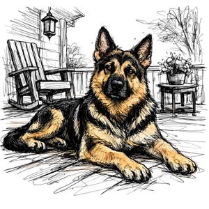 May include: A detailed illustration of a German Shepherd dog lying down on a wooden porch. The dog has black and tan fur. A rocking chair, small table with flowers, and a hanging lantern are in the background.