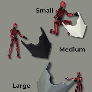 May include: Three motorcycle fairings labeled Small, Medium, and Large, each held by a red articulated robot figure. The small fairing is white, the medium is black, and the large is gray. The text CHOOSE YOUR SIZE is at the top of the image.