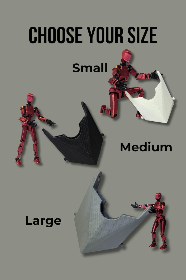 May include: Three motorcycle fairings labeled Small, Medium, and Large, each held by a red articulated robot figure. The small fairing is white, the medium is black, and the large is gray. The text CHOOSE YOUR SIZE is at the top of the image.