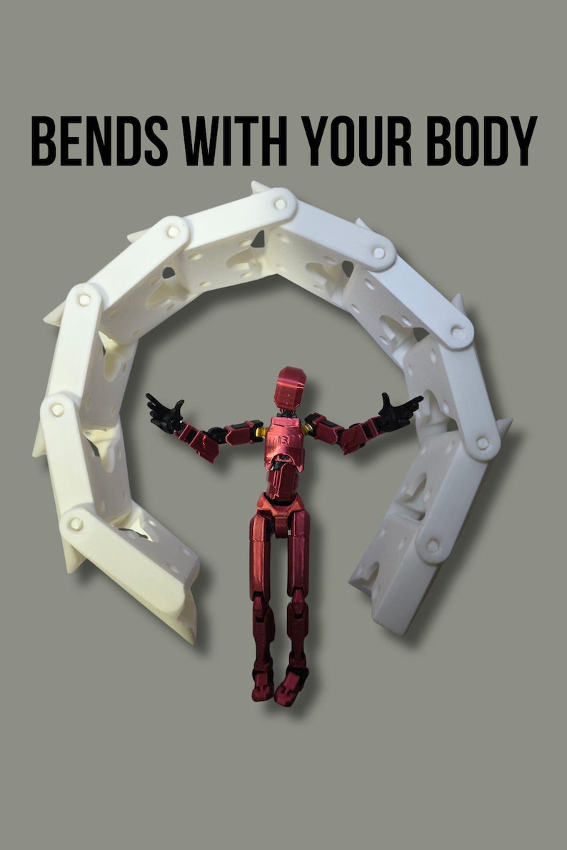 May include: A white, multi-segmented, articulated plastic structure that curves into a semi-circle, positioned behind a small, metallic red humanoid action figure with black joints. The text BENDS WITH YOUR BODY is printed in black at the top.