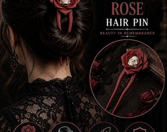 Mourning Rose Hair Pin, Gothic Rose Hair Stick, Victorian Floral Bun Pin, Romantic Goth Hair Accessory, Dark Academia Hair Jewelry