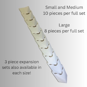 May include: A series of off-white, angular, interlocking components arranged in a diagonal line. Text reads: Small and Medium 10 pieces per full set, Large 8 pieces per full set, and 3 piece expansion sets also available in each size!