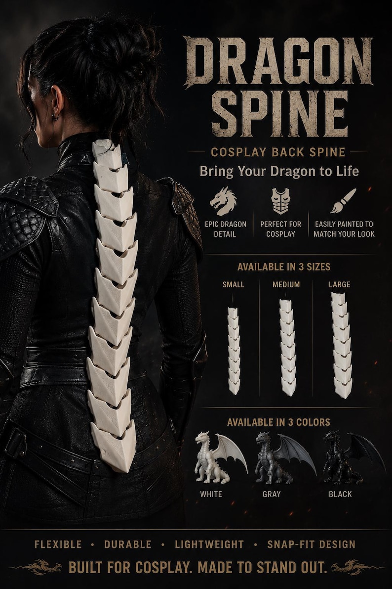 May include: A white, segmented dragon spine accessory for cosplay, featuring a flexible, snap-fit design. The image displays the spine worn on the back, along with text indicating three available sizes, three color options, and key features.