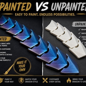 May include: A comparison of two articulated dragon-like segments. One segment is painted with a metallic blue and purple gradient, while the other is unpainted white plastic. Text includes PAINTED VS UNPAINTED, EASY TO PAINT, and MAKE IT YOUR OWN.