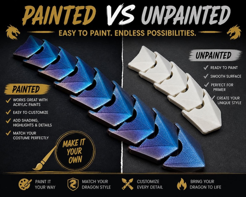 May include: A comparison of two articulated dragon-like segments. One segment is painted with a metallic blue and purple gradient, while the other is unpainted white plastic. Text includes PAINTED VS UNPAINTED, EASY TO PAINT, and MAKE IT YOUR OWN.