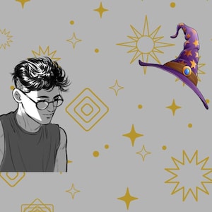 May include: A gray background with gold star and geometric designs. Includes a sketch of a castle, a wizard hat, a broom, a person with glasses, and the letter "H" in gold.