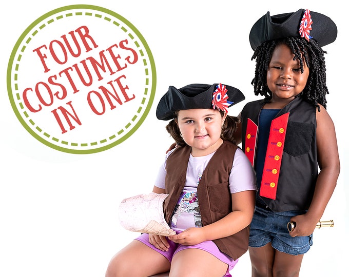Ship's Captain Dressup, Revolutionary War Hero Costume Set for kids ages 3+; Multipurpose space-saving costume