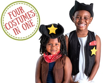 Cowboy or Cowgirl Dressup Set for kids ages 3+; a multipurpose space-saving four-in-one costume