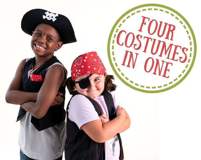 Pirate Multipurpose Costume for kids ages 3+; Four Costumes in One Set includes Sheriff, Farmer, Revolutionary
