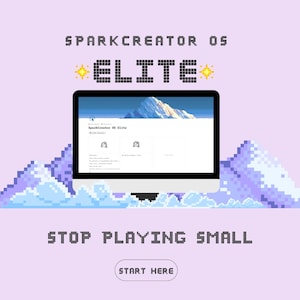 Könnte beinhalten: Ein Computermonitor, der eine Website mit einem Bergmotiv zeigt, vor einer pixeligen Bergkette und einem hellvioletten Hintergrund. Der Text lautet "SPARKCREATOR OS ELITE" und "STOP PLAYING SMALL". Ein Button lautet "START HERE".