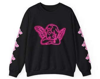 Neon Pink Angel Wings sweatshirt | Faith Psalm 46:5 halo cherub sleeve design