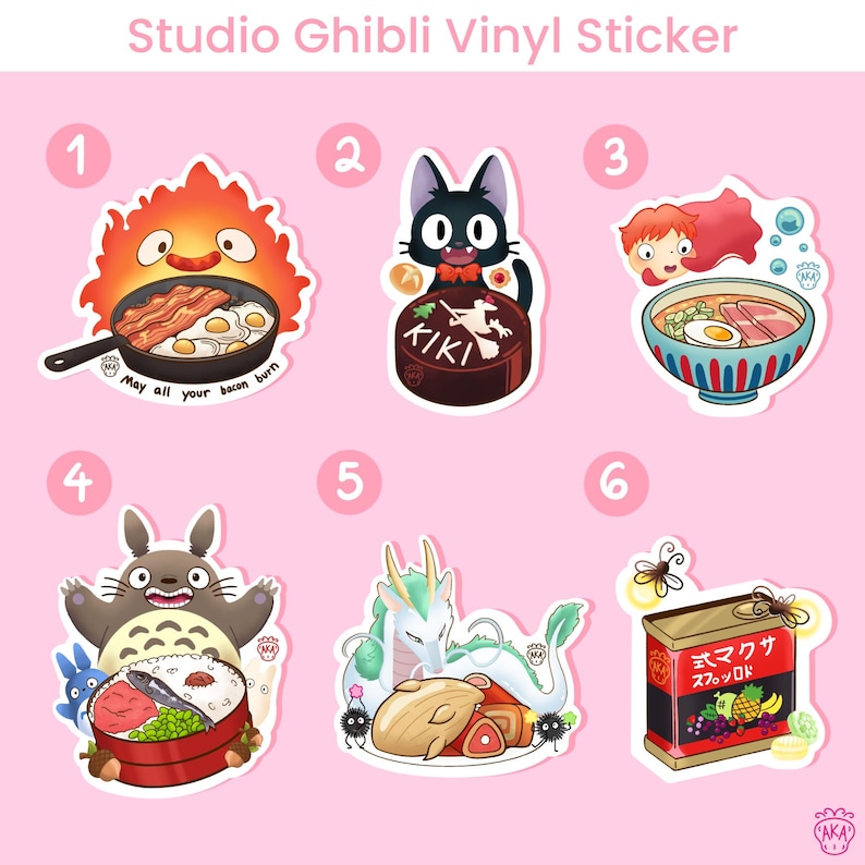 Puede incluir: Un conjunto de seis pegatinas de vinilo de Studio Ghibli. Las pegatinas presentan ilustraciones coloridas de personajes y alimentos de varias pel&iacute;culas de Ghibli, incluyendo un demonio de fuego con tocino y huevos, y un gato negro con un pastel.