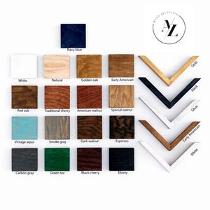 May include: A display of wood stain color samples and frame options. The samples include various shades of brown, blue, gray, and green. Frame options are gold, black, silver, early American, and white. The Wood Art Studio logo is in the upper right corner.