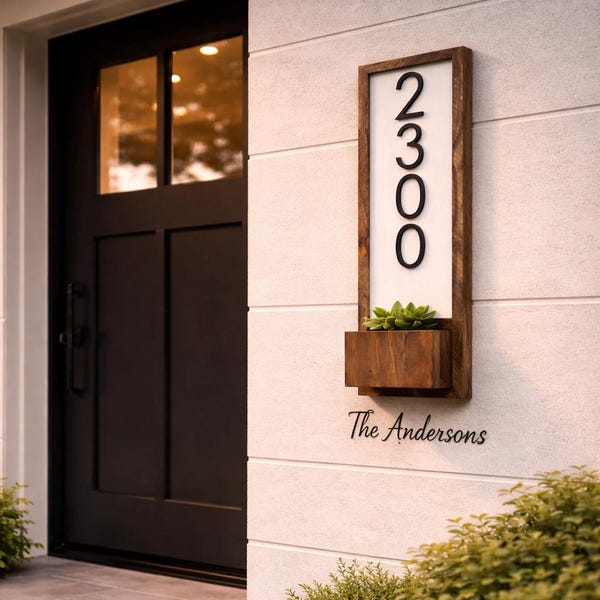 Vertical Planter Address Plaque, Modern Wood House Numbers, Beach Cottage Decor