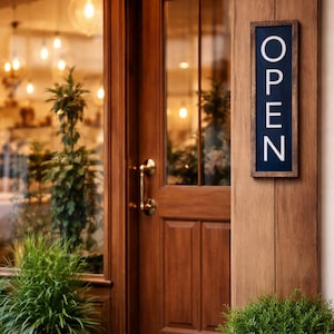 Puede incluir: Una puerta de madera con una ventana de cristal y un tirador de latón. Un letrero que dice "OPEN" cuelga en el lado derecho de la puerta. Hay plantas en macetas delante de la puerta.