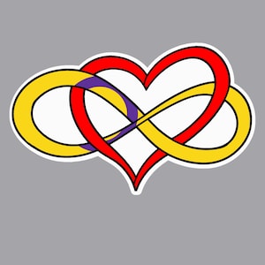May include: A sticker featuring a red heart intertwined with a yellow infinity symbol. A purple infinity symbol is intertwined with the yellow infinity symbol. The design has a white border and is set against a grey background.