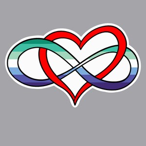 May include: A sticker featuring a red heart intertwined with an infinity symbol. The infinity symbol is colored with stripes of blue, green, and white. The heart and infinity symbol are outlined in black against a grey background.