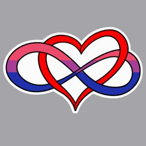 May include: A sticker featuring a heart intertwined with an infinity symbol. The heart and infinity symbol are outlined in red. The infinity symbol is colored with the bisexual pride flag colours: pink, purple, and blue.