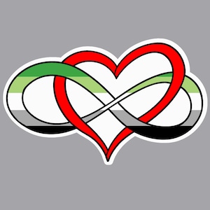 May include: A sticker featuring a red heart intertwined with an infinity symbol. The infinity symbol incorporates the colors of the aromantic pride flag: green, white, grey, and black. The design is outlined in black and set against a grey background.