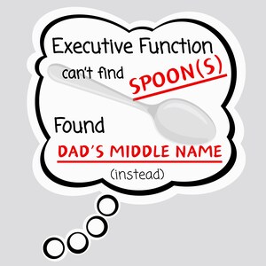 Executive Function Sticker – Can’t Find Spoons, Dad’s Middle Name ADHD Humor Decal
