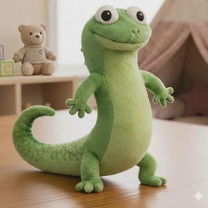 May include: A plush green lizard toy with large, expressive eyes and a curved tail. The stuffed animal has a friendly expression and is standing on a wooden surface. A teddy bear and alphabet blocks are in the background.