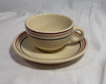 Caribe Porslin Kaffekopp Fat Set 40-50-tal Kräm Vintage MCM Randig Puerto Rico