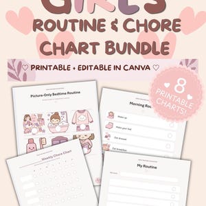Op de afbeelding: Een digitale bundel met printbare en bewerkbare routine- en klusjeskaarten met roze en bruine hartjes. De tekst bevat GIRLS ROUTINE & CHORE CHART BUNDLE, PRINTABLE + EDITABLE IN CANVA, 8 PRINTABLE CHARTS en diverse labels voor taken.