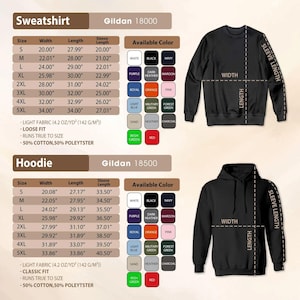May include: A size chart for Gildan 18000 sweatshirts and Gildan 18500 hoodies, displaying width, length, and sleeve length measurements in inches for sizes S through 5XL, alongside color swatches and diagrams of a black sweatshirt and hoodie.