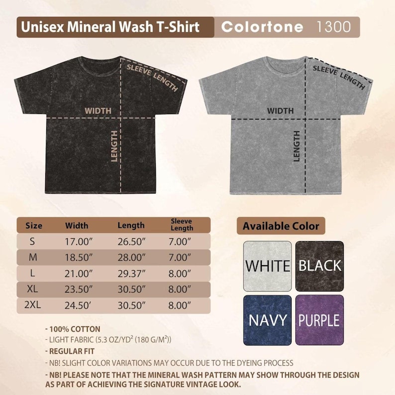 May include: A size chart for a Colortone 1300 unisex mineral wash t-shirt. It displays two t-shirt outlines in black and gray with width, length, and sleeve length labels. A table lists measurements in inches for sizes S to 2XL, plus color swatches.