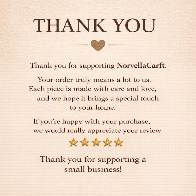 May include: A rectangular thank you card with dark brown text on a light beige textured background. The card features the text THANK YOU, a small heart icon, the brand name NorvellaCarft, a message about supporting a small business, and five gold stars.