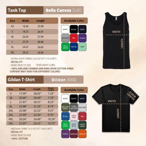 May include: A size chart for a Bella Canvas 3480 tank top and a Gildan 5000 t-shirt. The chart displays width and length measurements in inches for sizes XS to 5XL, lists available color swatches, and includes fabric weight in ounces per square yard.