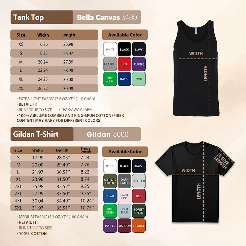 May include: A size chart for a Bella Canvas 3480 tank top and a Gildan 5000 t-shirt. The chart displays width and length measurements in inches for sizes XS to 5XL, lists available color swatches, and includes fabric weight in ounces per square yard.