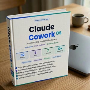 Może przedstawiać: Książka zatytułowana "Claude Cowork OS" z białą okładką i niebieskimi i zielonymi akcentami. Książka szczegółowo opisuje system automatyzacji AI, z informacjami o podpowiedziach, rolach, łącznikach i produktywności. Laptop i filiżanka kawy są w tle.