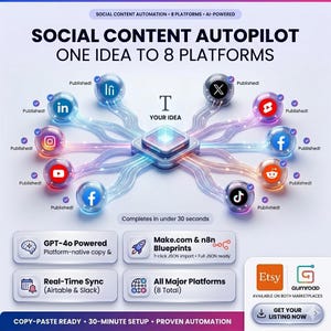 May include: A graphic promoting social content automation across 8 platforms. The image features logos of social media sites like Instagram, Facebook, and YouTube, connected by glowing lines. Text includes "Social Content Autopilot" and "One Idea to 8 Platforms."