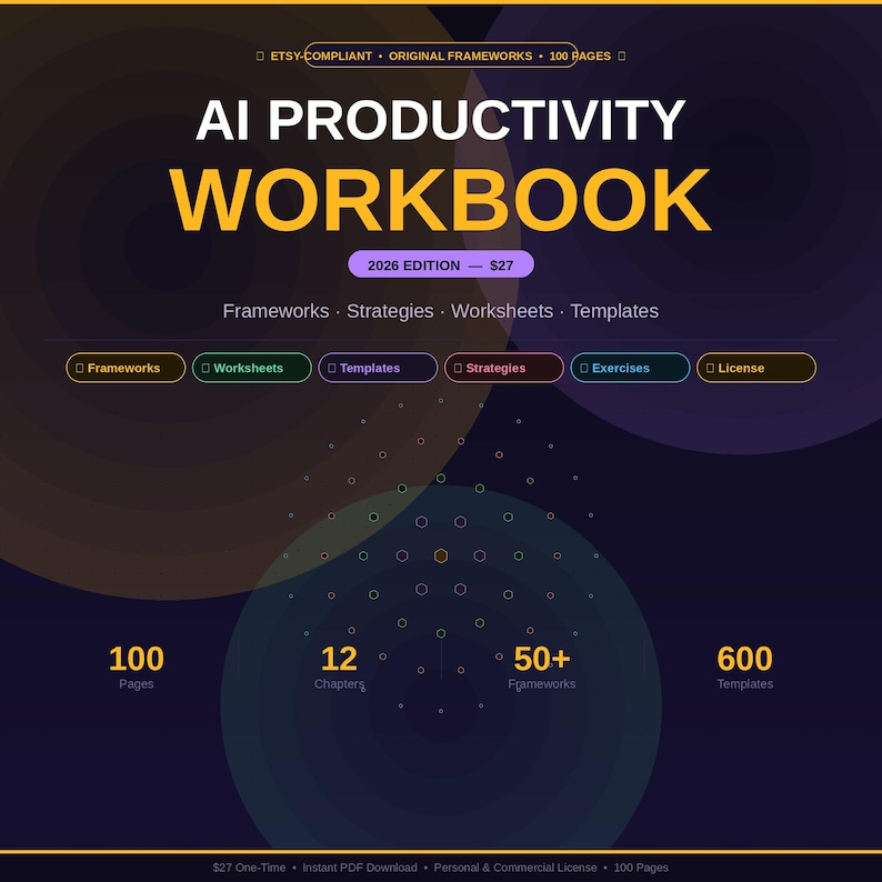 May include: A dark purple and yellow graphic for an AI Productivity Workbook. The title is in large yellow letters. The workbook includes frameworks, strategies, worksheets, and templates. It is the 2026 edition and has 100 pages, 12 chapters, and 50+ frameworks.