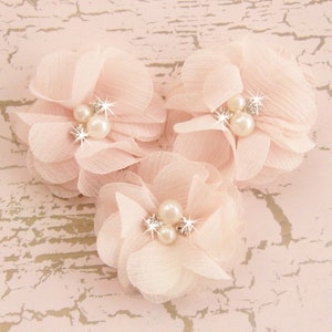 Blush Pink 2 Chiffon Flowers with Rhinestones and Pearls Hand-dyed Blush Fabric Flowers image 1