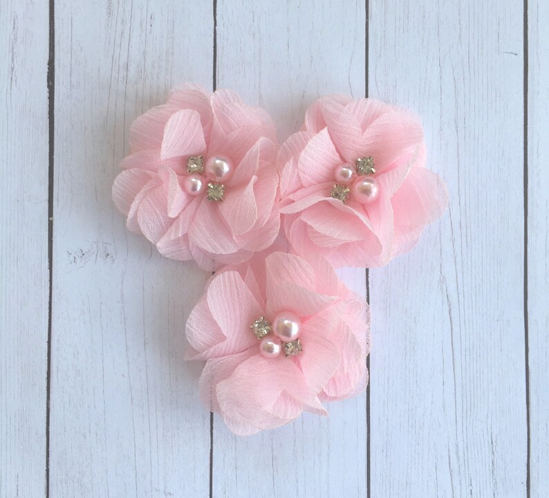 Blush Pink  2.25 Chiffon Flowers with Rhinestones and Pearls Hand-dyed BlushFabric Flowers
